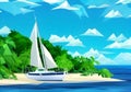 Illustration of a Tropical Sailboat on a Palm-Fringed Island Oasis with Crystal-Clear Blue Waters and Towering Palm Trees Royalty Free Stock Photo