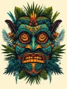 Illustration of a tropical Tiki mask. Symbol of a wild tribe in the jungle