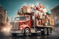 Illustration of truck car full of Christmas presents. delivery car, shipping cargo service