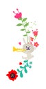 Illustration of a trumpet bunny. Vector. Rabbit in colors. Children`s cartoon, doodle style. Illustration for postcard or