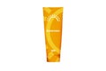 Illustration of a tube of orange-colored sunscreen with a SPF rating, on a white background