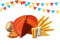 Illustration of a turban, sweets, drinks and wheat grains and bunting flags on white background.