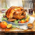 Illustration of a turkey cooked and served on a table on Thanksgiving day -AI Generated