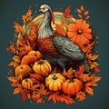 Illustration of a turkey surrounded by days with dry autumn leaves on a gray background. Turkey as the main dish of thanksgiving Royalty Free Stock Photo