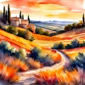 Tuscany landscape with houses and vineyards, Italy, Digital painting