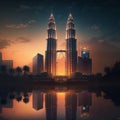 Illustration Twin Towers Petronas Malaysia with sunset view and wonderful day