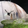 Illustration of two aliens and an astronaut looking at flying dragon against a rising planet