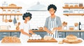 Illustration of two bakers in an animated kitchen, preparing and presenting bread.
