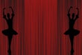 Two ballet ballerinas dancing on pointe shoes silhouettes on a red theater stage curtain background Royalty Free Stock Photo