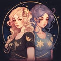 Illustration of two beautiful girls in the night sky with stars Royalty Free Stock Photo