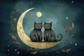 Illustration of two black cats sitting on the moon. Generative AI Royalty Free Stock Photo