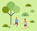 Illustration of the two boys playing soccer in the park. Children s summer activities Royalty Free Stock Photo