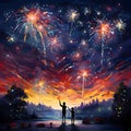 Illustration of two boys watching in the explosions of fireworks in the night sky. New Year\'s fun and festiv