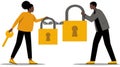 Couple Unlocking Safety Security Concept with Key and Padlocks Royalty Free Stock Photo