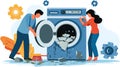 Washing Machine Repair Couple Fixes Broken Appliance, Cleaning Up Mess Royalty Free Stock Photo
