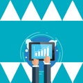 Illustration of Two Businessmen Hands Touching and Pointing to Bar and Line Graph Chart on Smartphone Screen. Creative