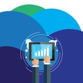 Illustration of Two Businessmen Hands Touching and Pointing to Bar and Line Graph Chart on Smartphone Screen. Creative