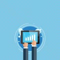 Illustration of Two Businessmen Hands Touching and Pointing to Bar and Line Graph Chart on Smartphone Screen. Creative