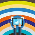 Illustration of Two Businessmen Hands Touching and Pointing to Bar and Line Graph Chart on Smartphone Screen. Creative