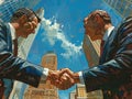 Illustration of two businessmen shaking hands on a bustling street with the city skyline in the background