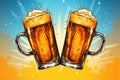 illustration two cartoon mugs with beer clink glasses on a yellow-blue background Royalty Free Stock Photo