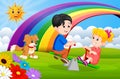 Two Children and dogs playing seesaw in the park on rainbow