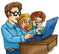 Illustration with two children, a girl and a boy, together with their father, working or playing on computer Royalty Free Stock Photo