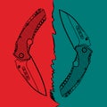 Two contour folding knives on colorful background