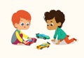 Illustration of two Cute Boys Playing with Their Toys Cars. Red hair boy shows and shares his Toy Cars to His African