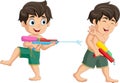 Two cute kids cartoon playing water gun