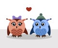 Illustration with two cute little owls girl and boy with heart on simple light background