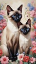 Two siamese cats and flowers Royalty Free Stock Photo