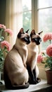 Two siamese cats and flowers Royalty Free Stock Photo