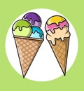 Illustration of two delicious and fresh ice cream on a beautiful crunchy wafer cone.