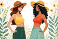 Two diverse women in summer outfits and straw hats pose back to back against a floral background