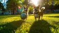 Illustration of two dogs plaing with ball on green grass outdoors