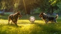 Illustration of two dogs plaing with ball on green grass outdoors