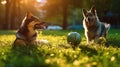 Illustration of two dogs plaing with ball on green grass outdoors