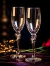 Illustration of two empty high wedding champagne glasses on dark background. Holiday banner with glasses for sparkling wine for Royalty Free Stock Photo