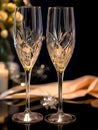 Illustration of two empty high wedding champagne glasses on dark background. Holiday banner with glasses for sparkling wine for Royalty Free Stock Photo