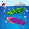 Illustration of two fish underwater hook with fishing line and float above the water silhouette of a boat and fisherman. Vector Royalty Free Stock Photo