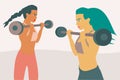 Illustration of two fitness women lifting weight with a barbell