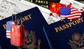 Illustration with two foreign passports, two suitcases; with the Chinese China and with American flags, tickets and the US flag Royalty Free Stock Photo