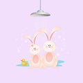 Illustration of two funny bunnies with shower on violet background