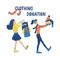 Illustration with two girls bringing their clothes for donation.