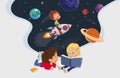 Illustration of two girls sitting on the floor and reading the book about astronaut adventure. Space, rockers stars Royalty Free Stock Photo