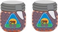 Illustration of two glass banks full of blueberries with a farmland tractor sticker