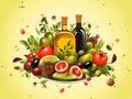 illustration of two glass bottles with olive oil, olives and different vegetables, commercial banner. Olive oil in glass bottle Royalty Free Stock Photo