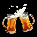 Illustration of two glass toasting mugs with beer on black background. Cheers beer glasses. Print, template, design element. Royalty Free Stock Photo