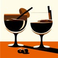 illustration of two glasses of cognac with a straw and coffee beans Generative AI
